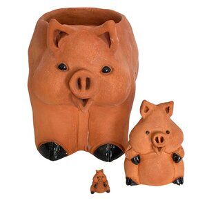 Terracotta Handmade Pig Family Pottery Planter Pot and Figurines Set of 3